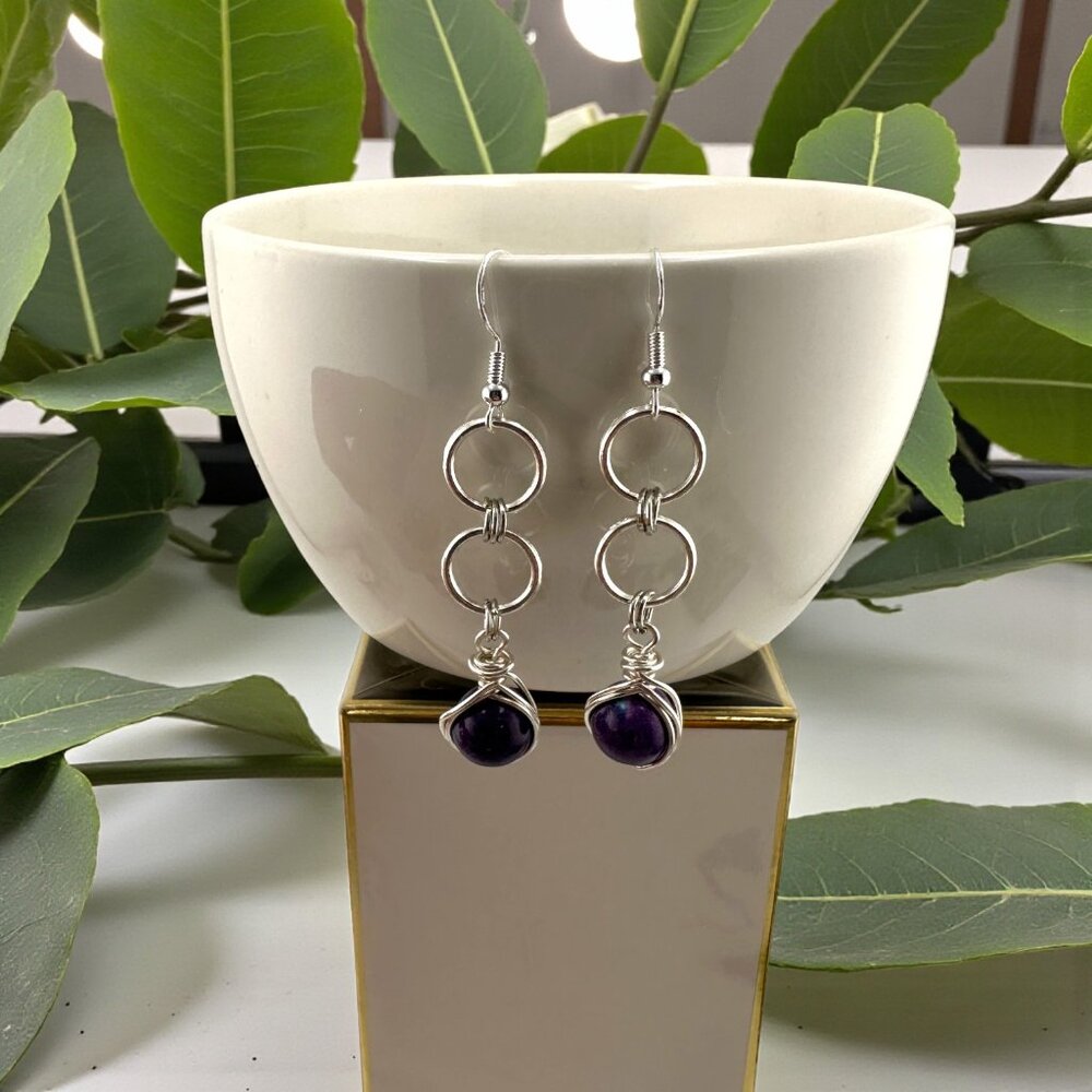 Purple Rain Flower Jade Dangle Earrings Sterling Silver 925 Wire Wrap Boho Gift